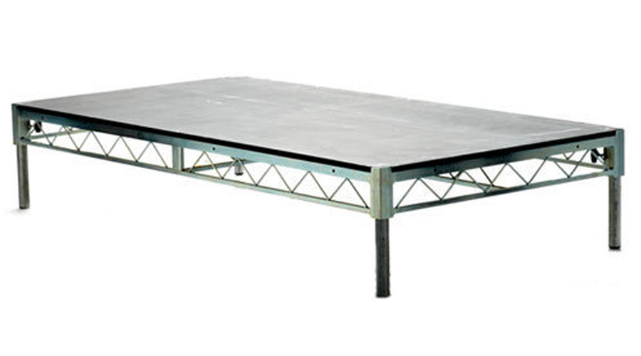 Full modular stage setup rental with steel frame and plywood surface by Trio Event Rentals Los Angeles