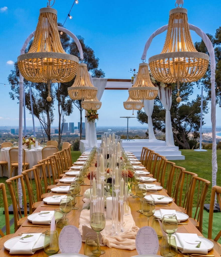 Elegant wedding table setting rental with plates glassware and chandeliers in Beverly Hills